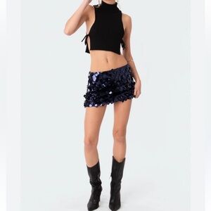 Edikted Sabrina Low Rise Sequin Mini Skirt in Navy Blue XS Stretchy Festival